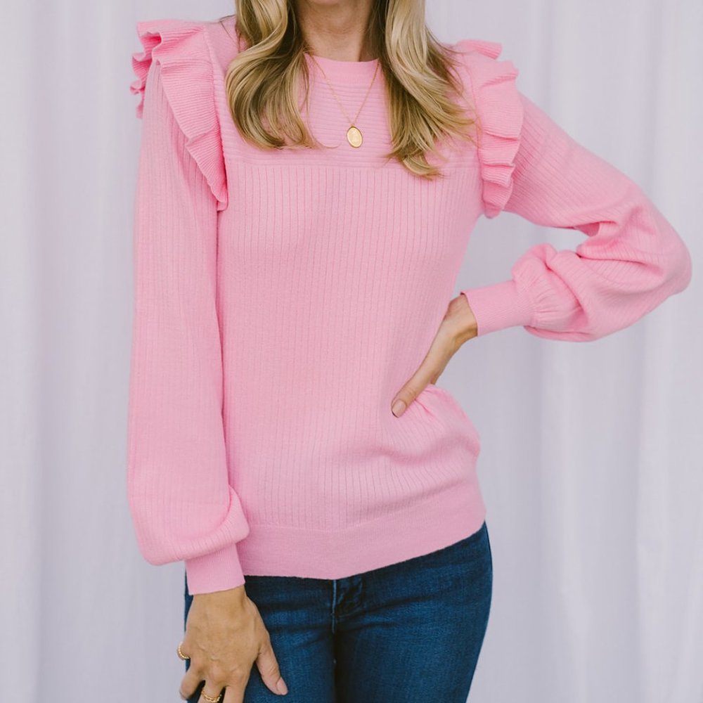 Pink ruffle shoulder sweater